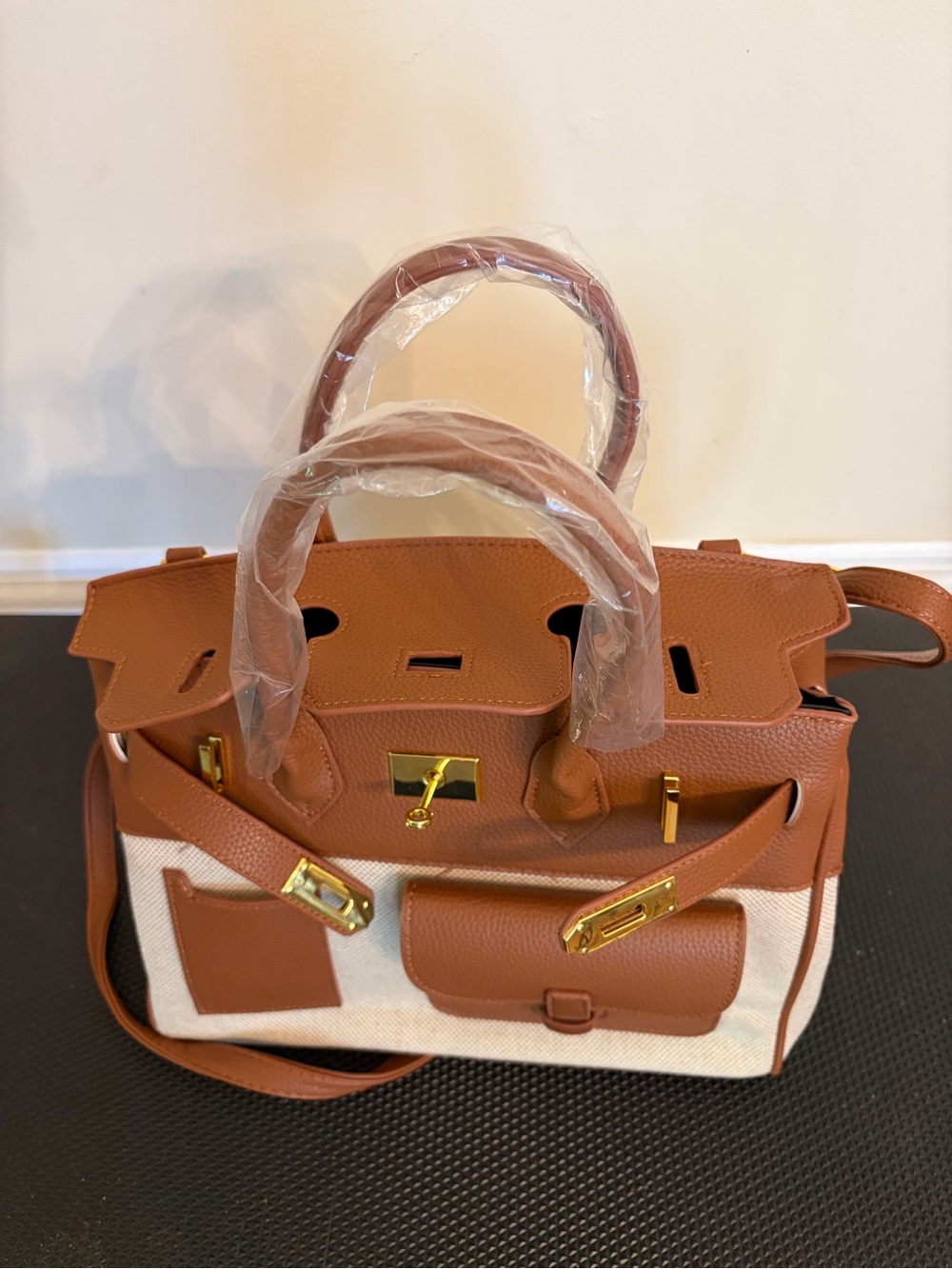 Structured vegan leather and canvas cargo top Handle Satchel - Picture 5 of 11